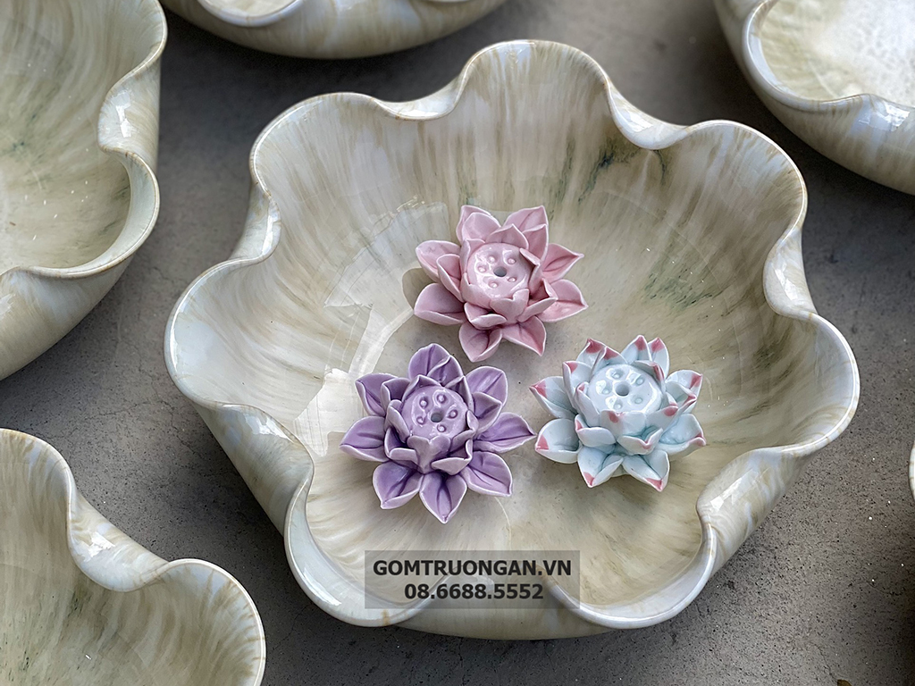 Bát thả hoa thần tài đường kính 24cm men hỏa biến hoàng thổ kèm chân đế(không bao gồm sen sứ) 6